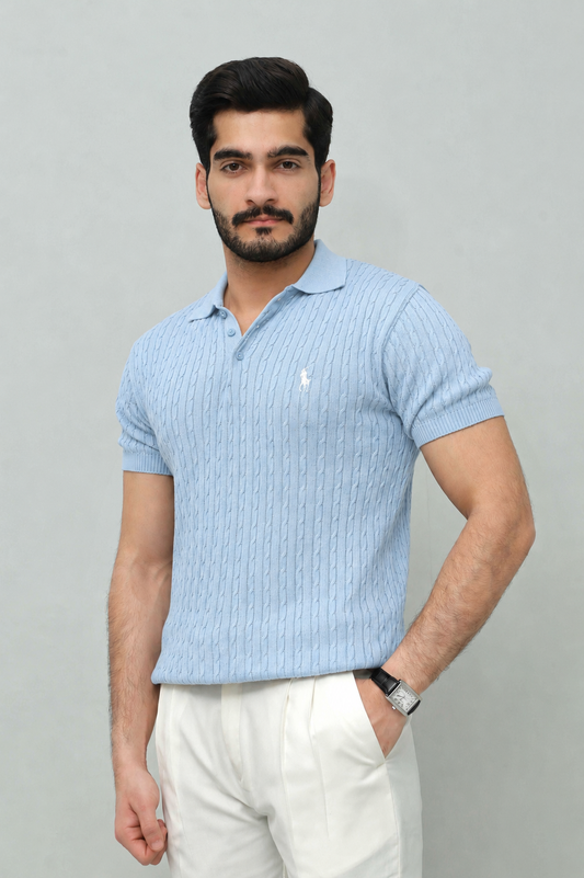 Ice Blue Cable Knit Polo