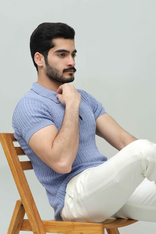 Sky Blue Cable Knit Polo