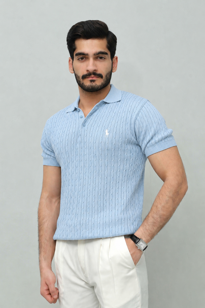 Ice Blue Cable Knit Polo