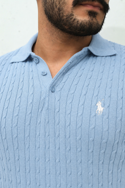 Ice Blue Cable Knit Polo