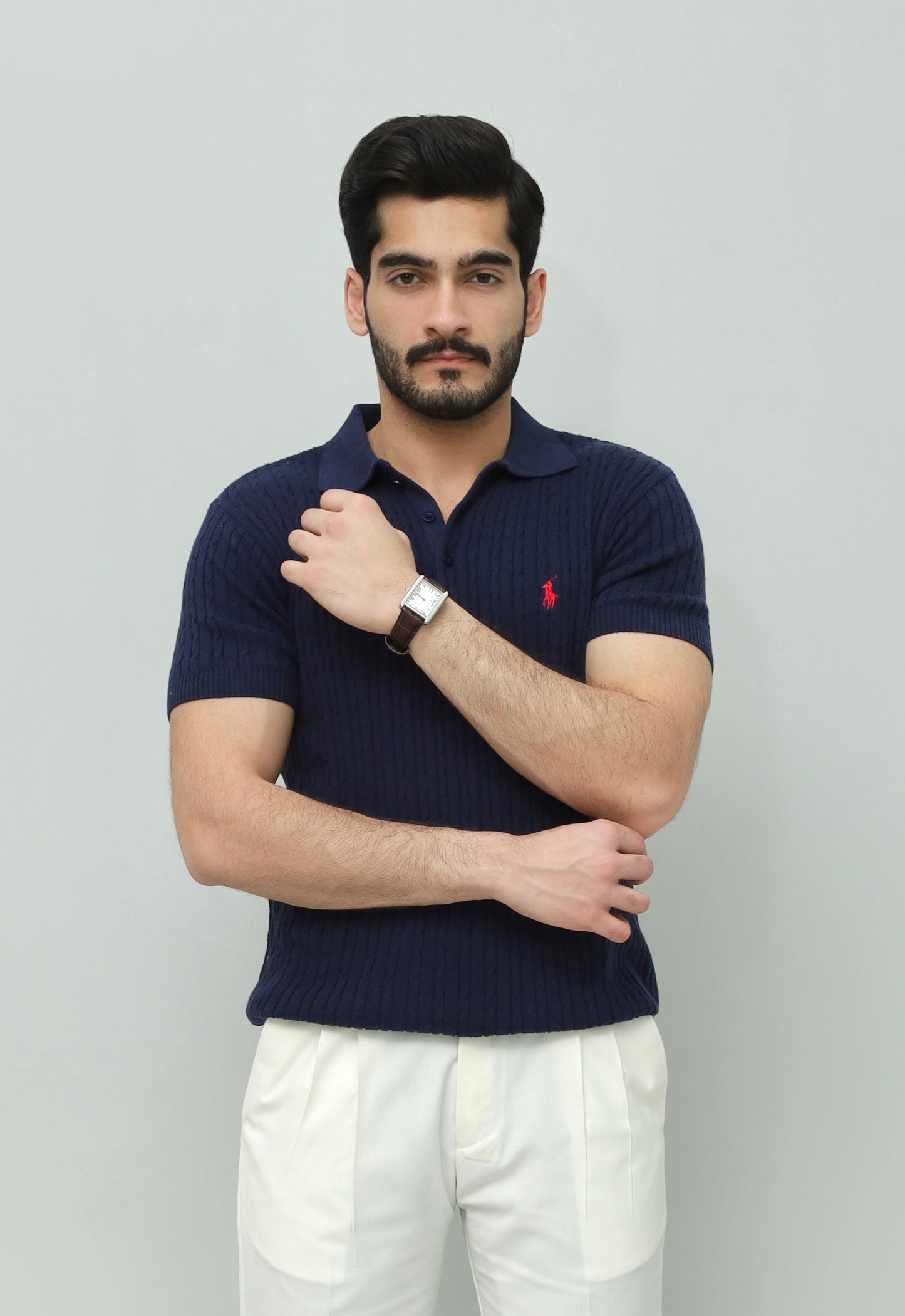 Navy Blue Cable Knit Polo
