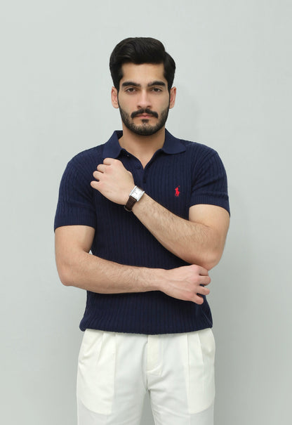 Navy Blue Cable Knit Polo
