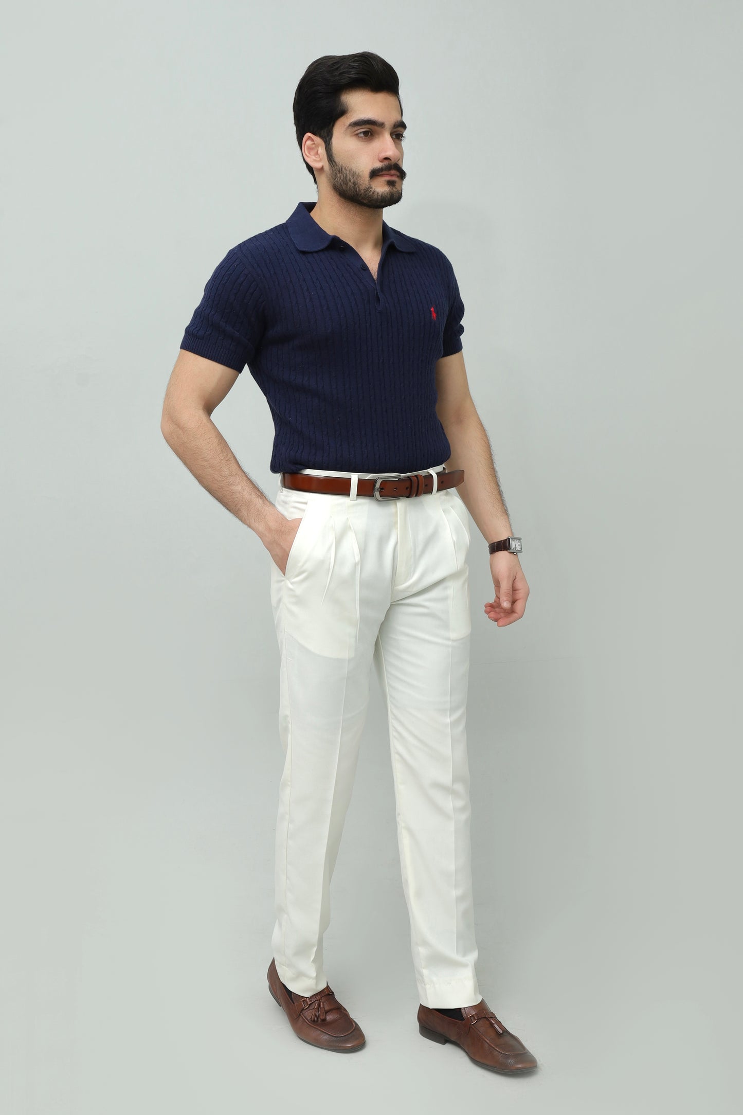 Navy Blue Cable Knit Polo