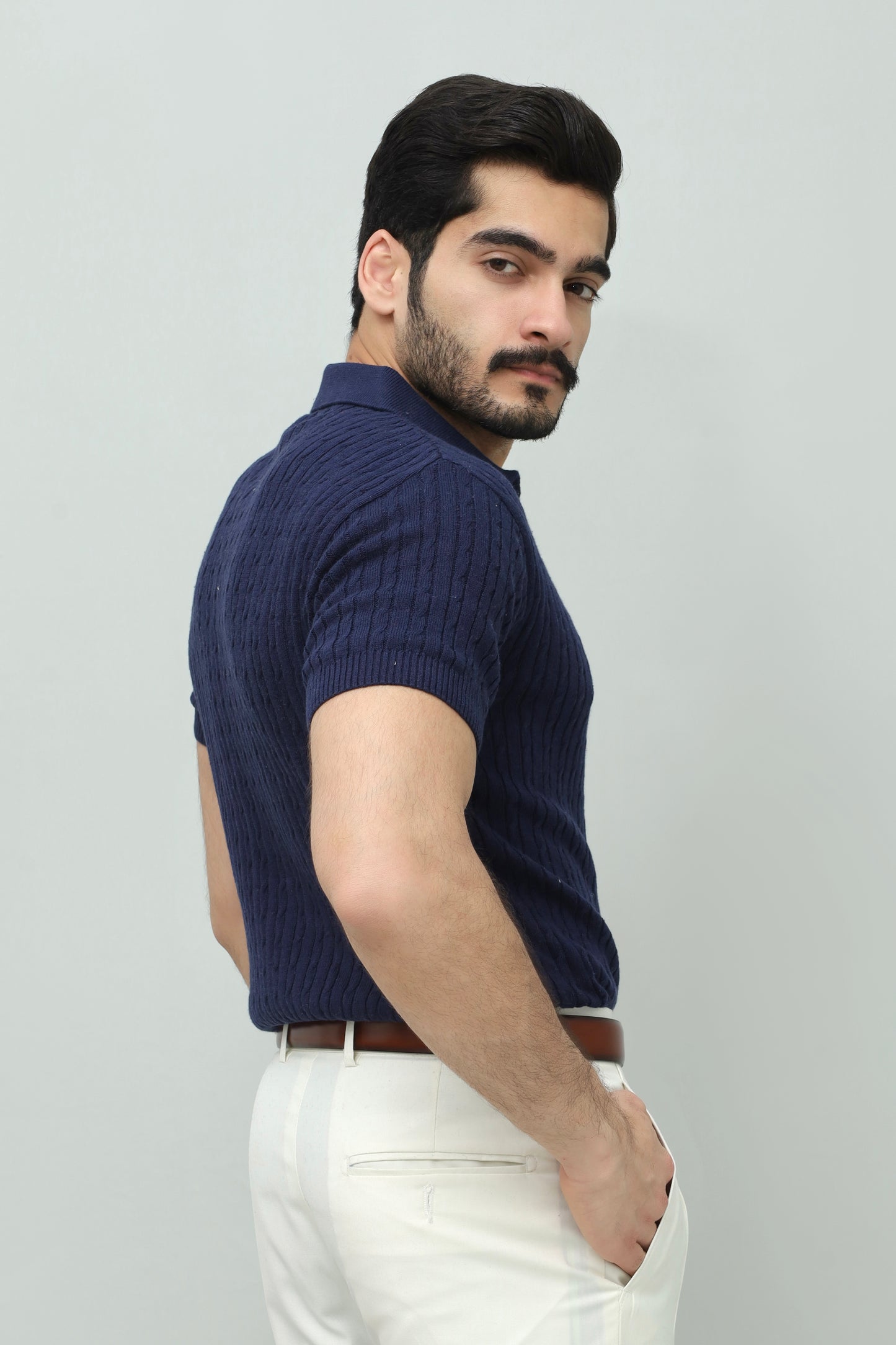 Navy Blue Cable Knit Polo