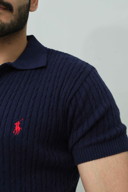 Navy Blue Cable Knit Polo