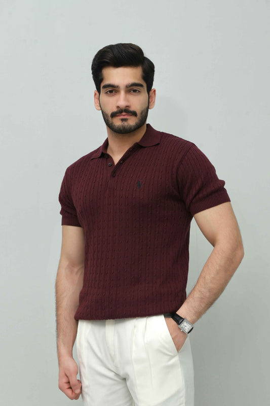 Burgundy Cable Knit Polo
