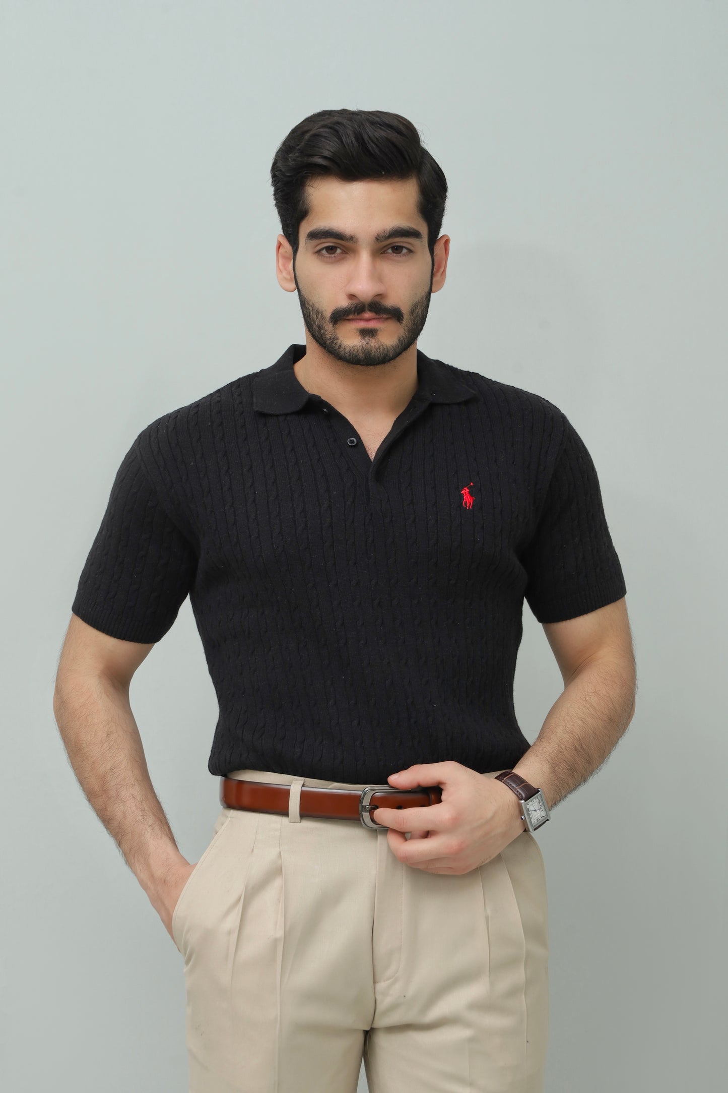 Black Cable Knit Polo