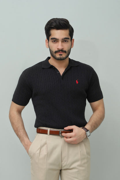 Black Cable Knit Polo