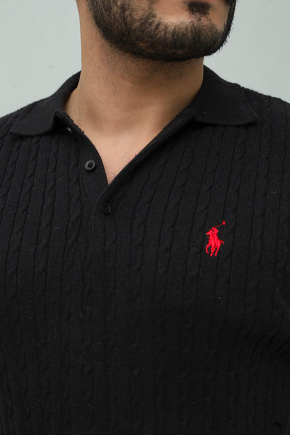 Black Cable Knit Polo