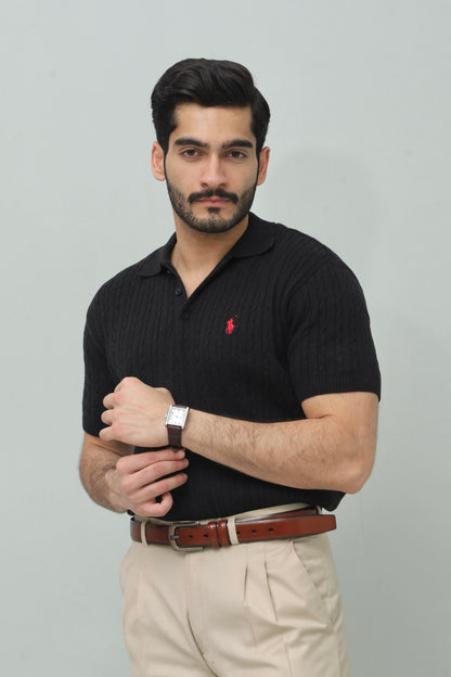 Black Cable Knit Polo