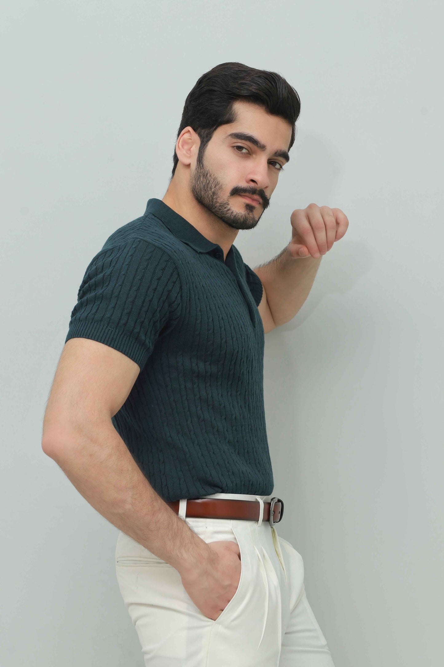 Olive Green Cable Knit Polo