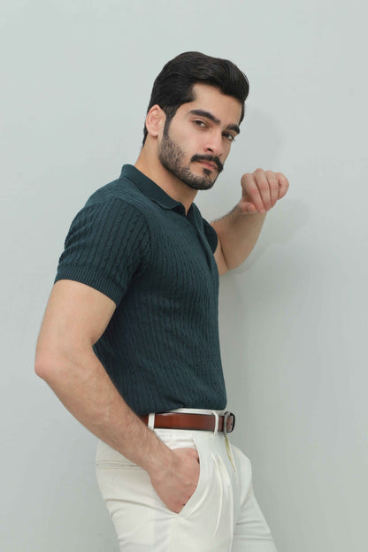 Olive Green Cable Knit Polo