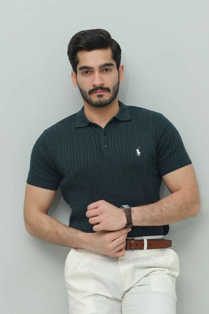 Olive Green Cable Knit Polo