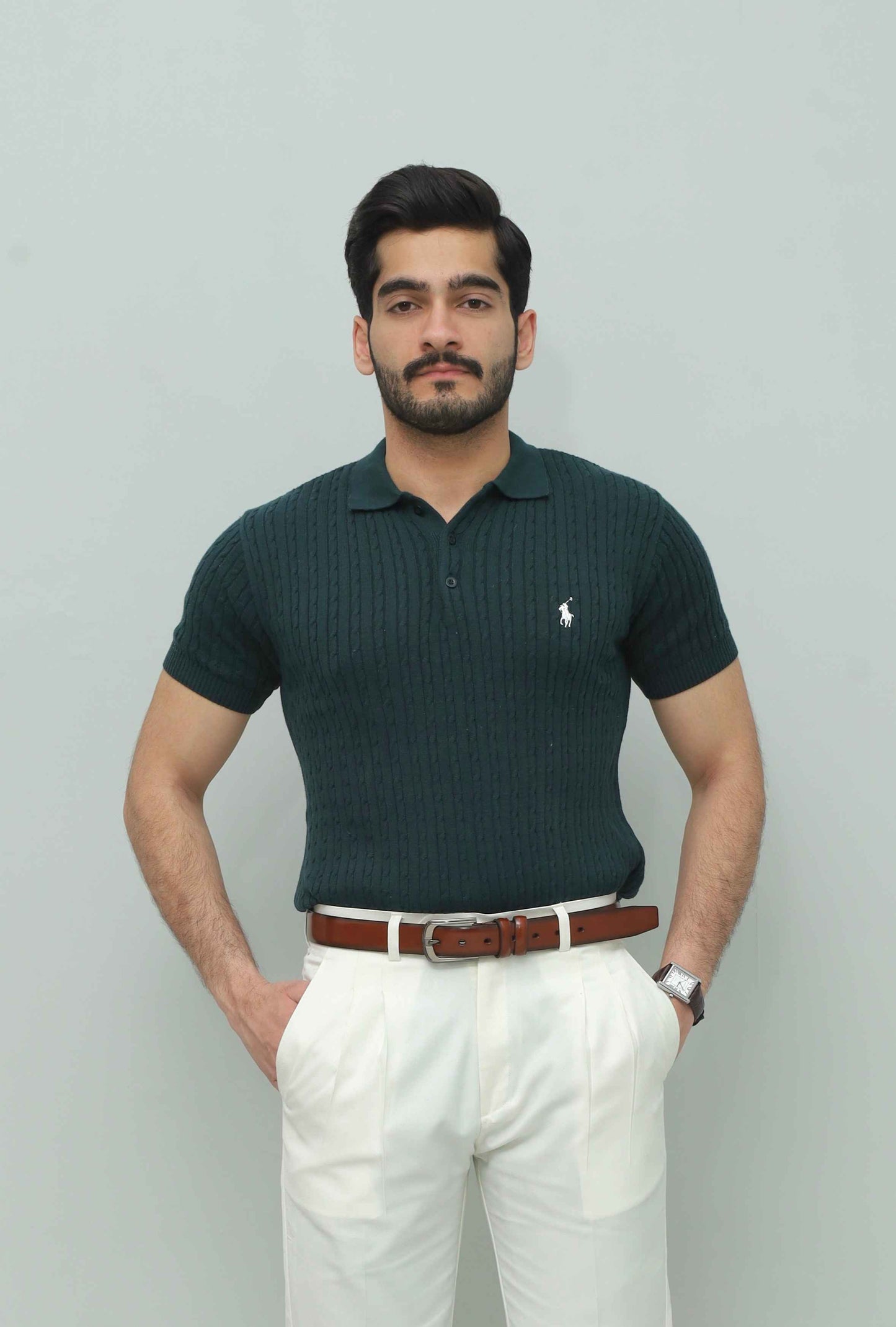 Olive Green Cable Knit Polo