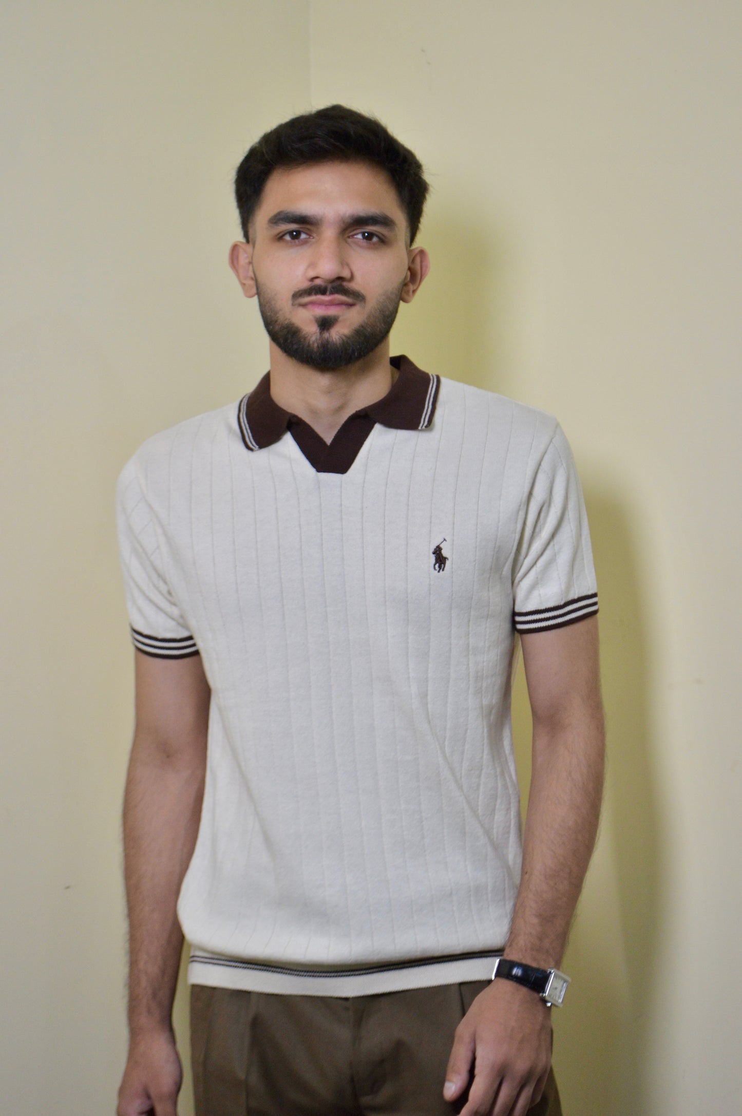Off-White & Brown Knitted Polo