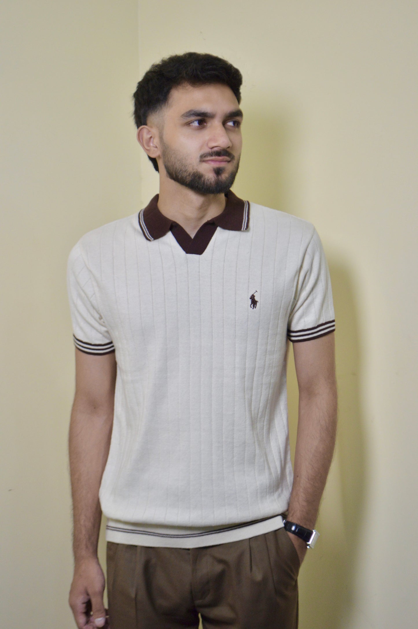 Off-White & Brown Knitted Polo