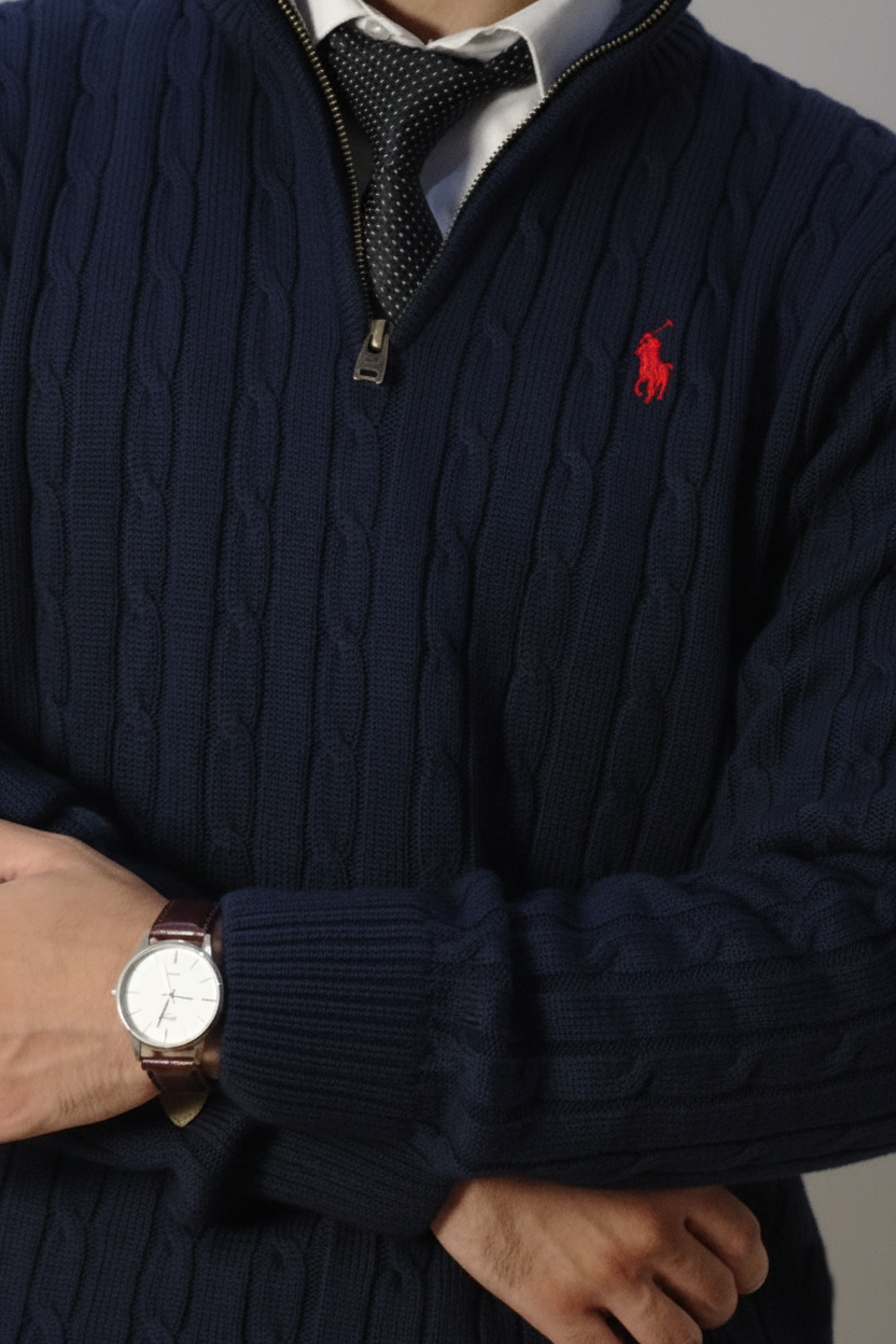 Navy cable knit sweater with red logo worn by a person, close-up view.