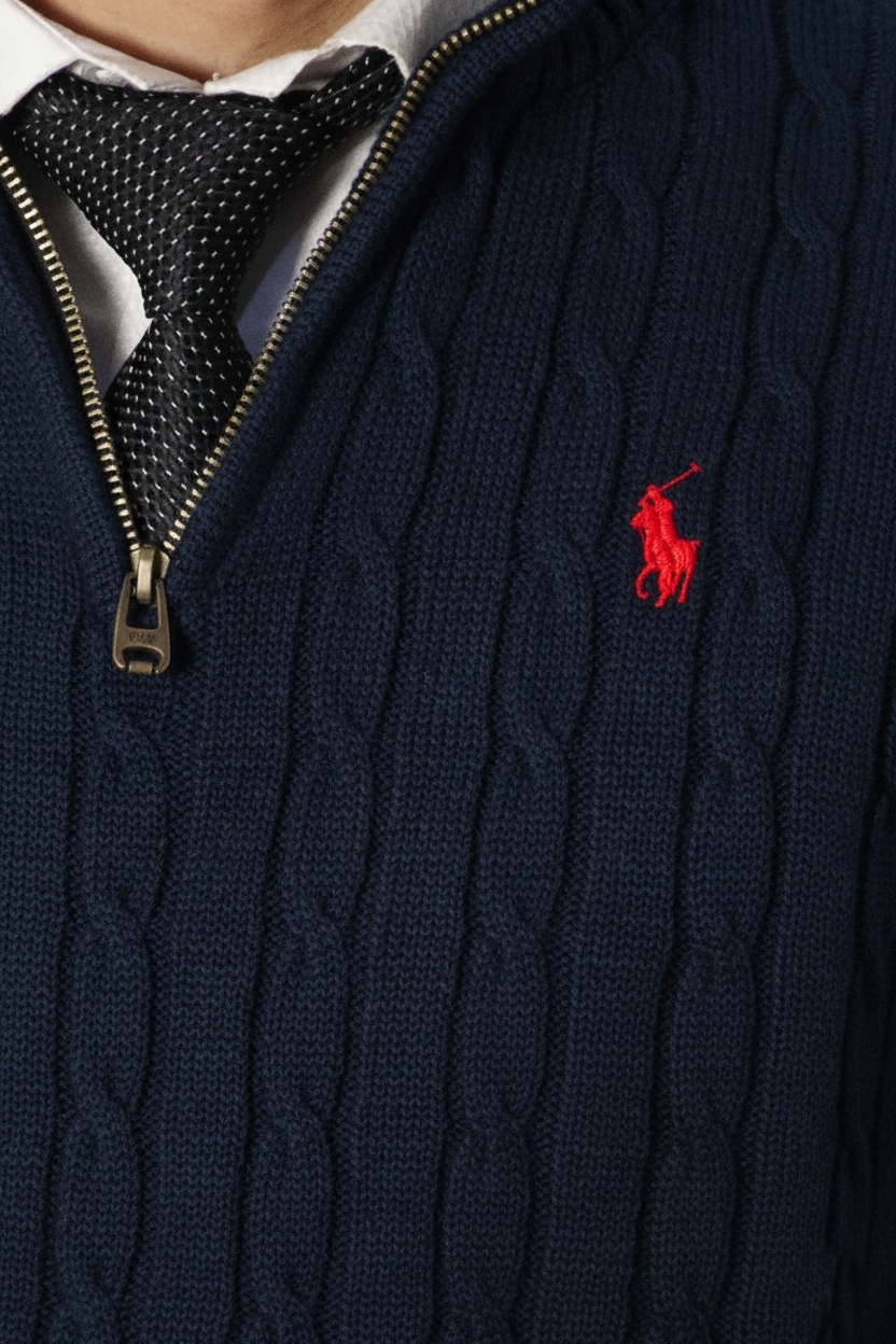 Navy cable knit sweater with a red logo on a person wearing a white shirt and patterned tie.